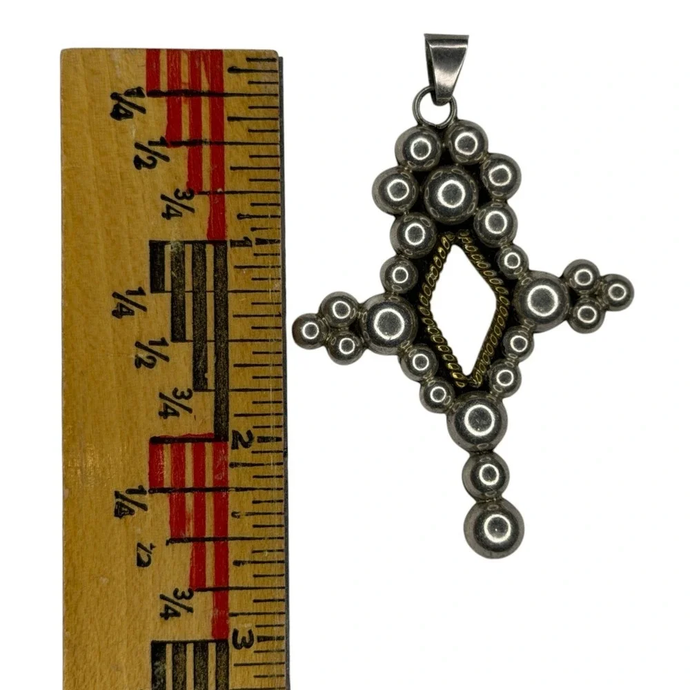 Mexico Pendant 925 Sterling Silver Large Silver Gold Tone Beaded Cross
